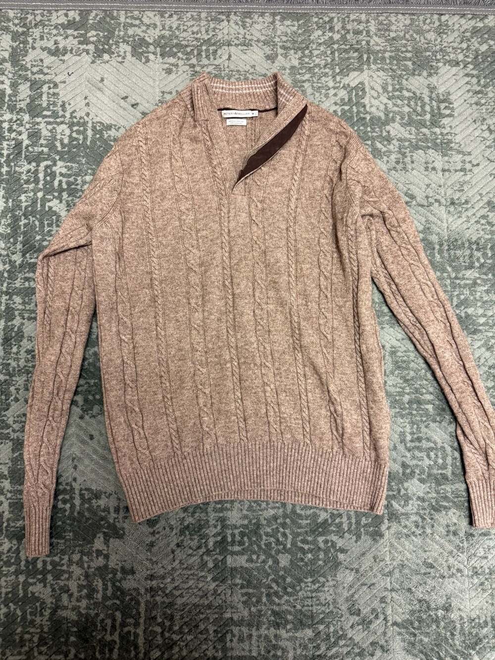 Peter Millar Wool Yak Cashmere Cable Knit Quarter Zip Sweater Tan Size M